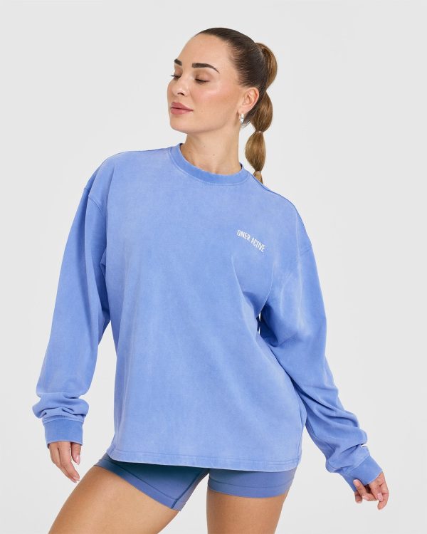 Oversized Graphic Washed Long Sleeve Top | Glaucous Blue For Cheap