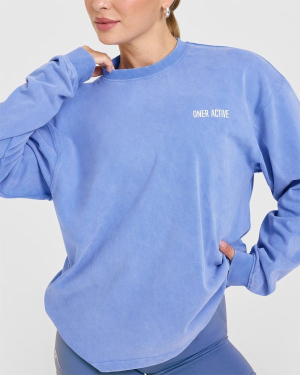 Oversized Graphic Washed Long Sleeve Top | Glaucous Blue For Cheap