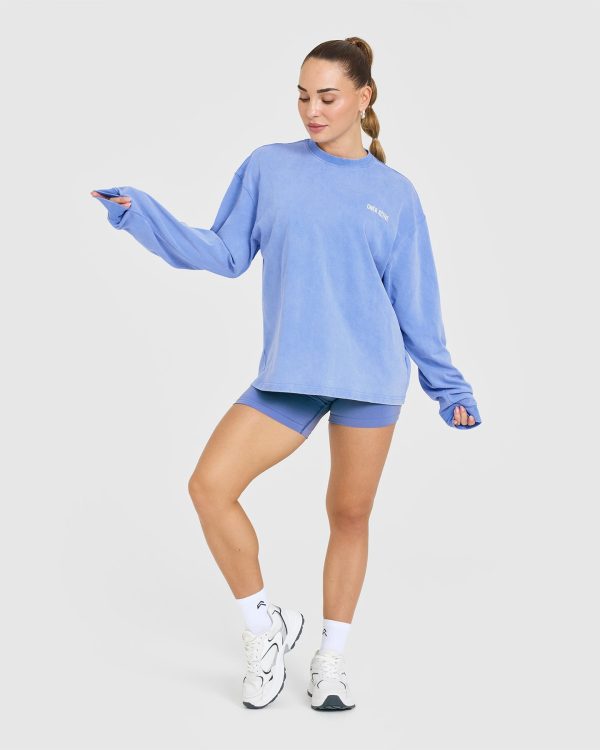 Oversized Graphic Washed Long Sleeve Top | Glaucous Blue For Cheap